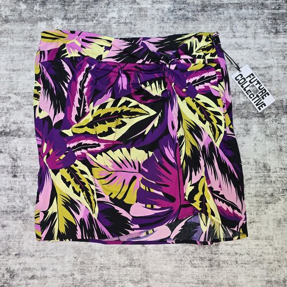 Future Collective Skirt Womens 16 Purple Yellow Leaf Print Alani Noelle Wrap Tie - Picture 1 of 8